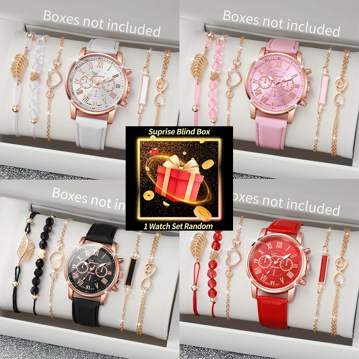 Jewelry For Watches - ชุดนาฬิกาผู้หญิงแบบสุ่มในกล่องเซอร์ไพรส์ นาฬิกาควอตซ์เจนีวา + สร้อยข้อมือ 4 ชิ้น