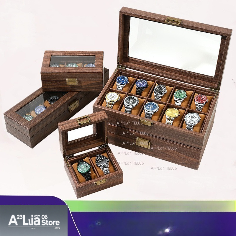 Watch Display Box - กล่องนาฬิกาหนัง PU ลายไม้สไตล์วินเทจ กล่องจัดระเบียบกันฝุ่นสำหรับเก็บเครื่องประดับ