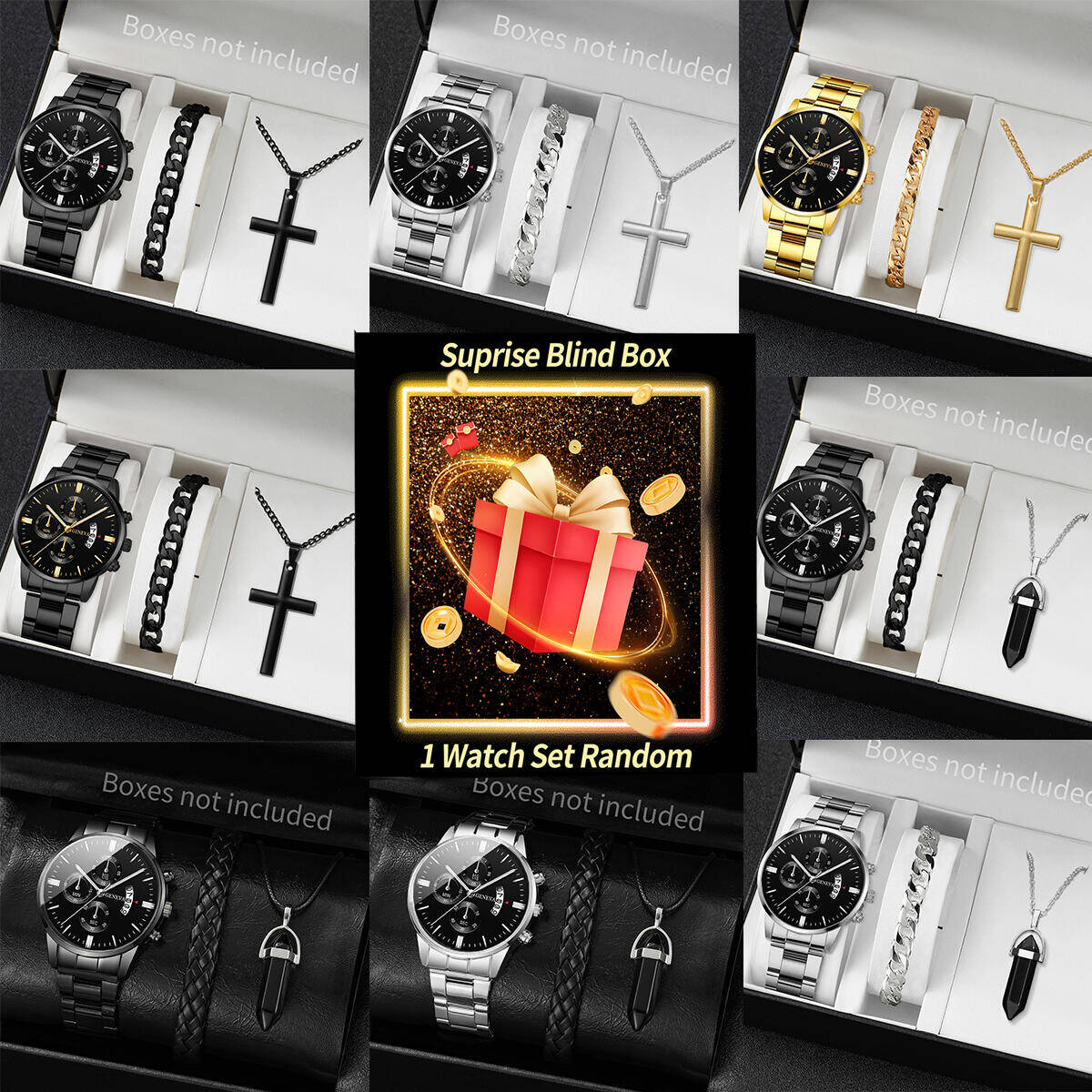 Jewelry For Watches - นาฬิกาข้อมือเซอร์ไพรส์แบบสุ่ม-ชุด 3 ชิ้น/ชุด นาฬิกาควอตซ์แฟชั่นผู้ชายพร้อมปฏิทิน ชุดเครื่องประดับ Reloj